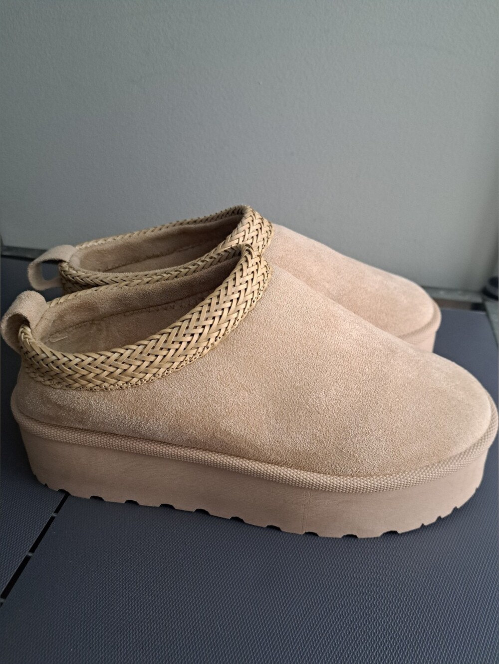 Platform Suede Slip-On Clog with Braided Collar in Beige
